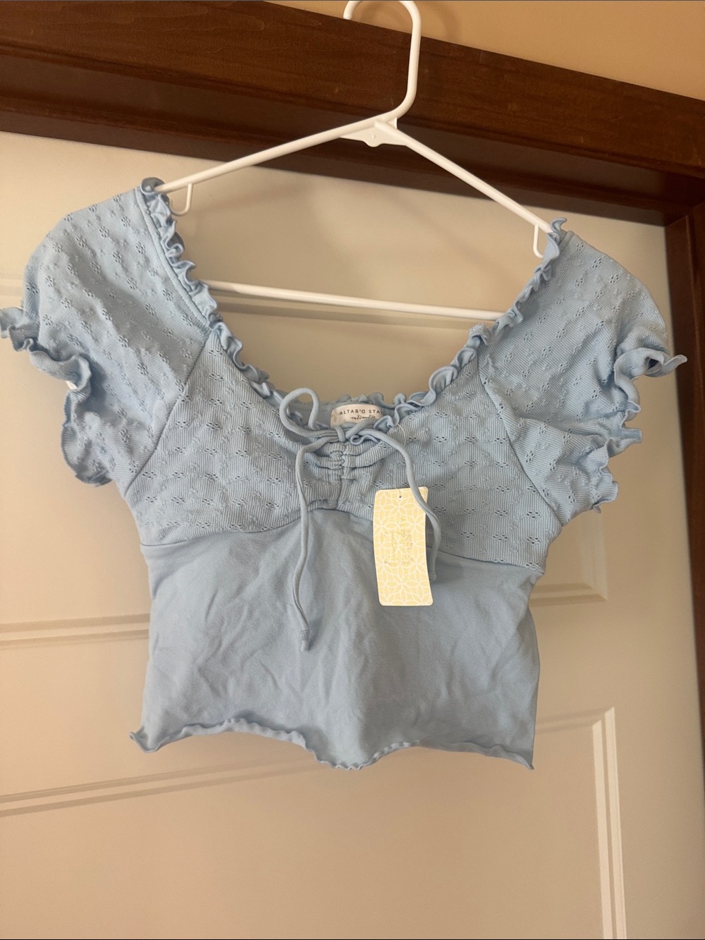 Altar'd State Powder Blue Eyelet Tie-Front Crop Top